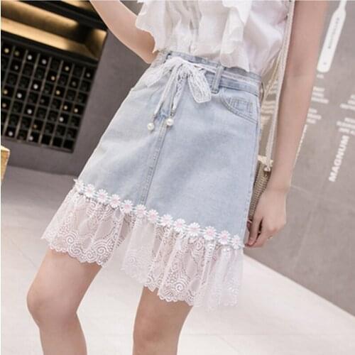 Drop Shipping Women Fashion Mesh Patchwork A Line Denim Skirt 2021 New Summer Students Package Hip Lacing Half Skirts XXL