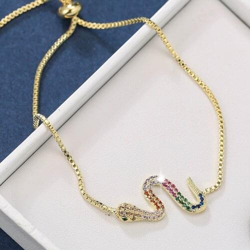 Luxury Female Crystal Snake Bracelet Rose Gold Silver Color Bracelets For Women Cute Rainbow Zircon Stone Party Chain Bracelet