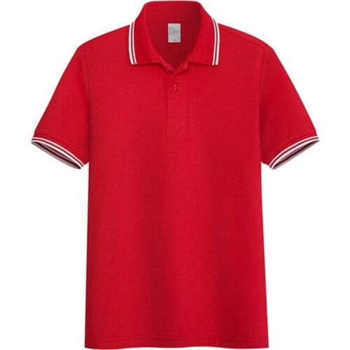 AOLIWEN men sports red 65% cotton two stripe polo shirt button solid color short sleeve summer casual business tight fit shirt