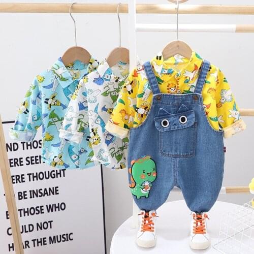 Baby Boys Clothing Set 2021 Spring Autumn Kids Cute Fashion Cartoon Shirt+ Denim Suspenders Toddler Long Sleeves Outfits