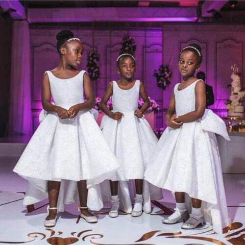 African Cute White Lace Flower Girl Dress Newest Hi-Lo Open Back Princess Formal Girl Dress Long Pageant Prom Wedding Dress