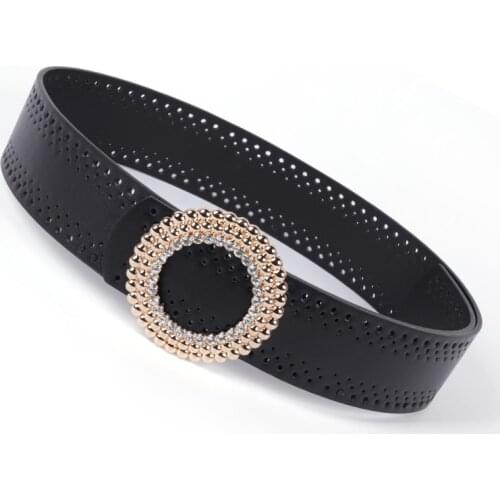 Cutout Gold Crystal Circle Buckle Belt Black Wide Faux Leather Belts for Women Waistband lady Dress Jeans Cinturones Para Mujer