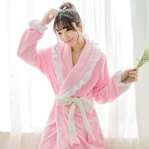 Winter Women Warm Flannel Nightgown Medium Length Lace Dressing Gown Lovely Solid Color Robe Lounge Intimate Lingerie Ночнушка