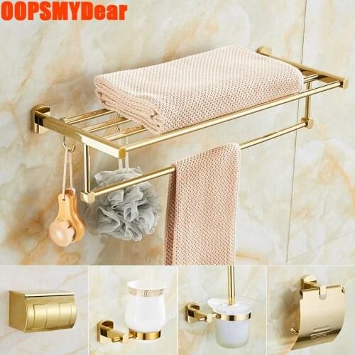Gold Bathroom Accessories Bath Towel Shelf Full Kit Paper Box Toilet Brush Holder Wall Mount Cup Rack Set Luxury Copper Shelves