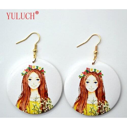 YULUCH 1 Pair Pendant Color Printing Beautiful Girl Wooden Pop Jewelry Personality Woman Accessories Earrings Gift