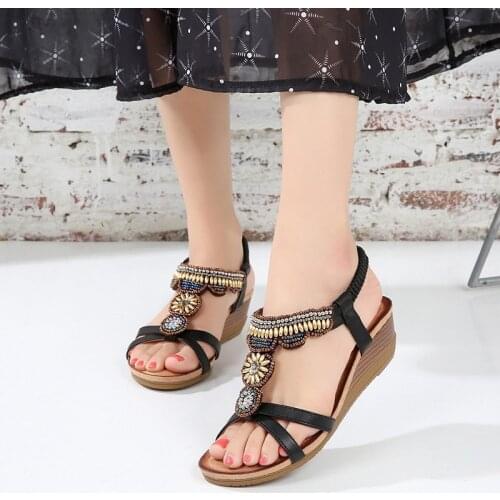 2021 Women Sandals Wedges Sandals Slip On Open Toe Round Toe Platform Ethnic Style Summer Female Shoes Plus Size