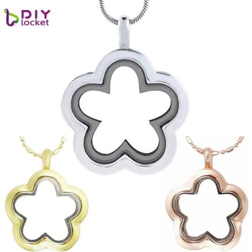 5PCS"Flower" glass floating charm locket necklace Zinc Alloy 26.5x33mm (3 color Options) lockets wholesaleLSFL010*5