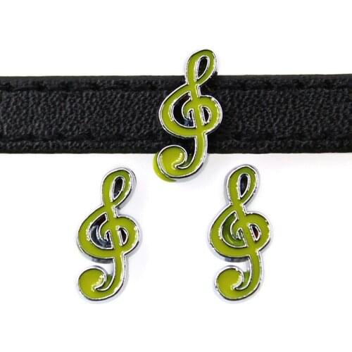 8mm Green Musical Note Slide Charms Flat Hole Enamel Beads Keeper Fit 8mm Stainless Steel Mesh Bracelets DIY Jewelry Making