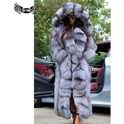 BFFUR 130cm Long Real Silver Fox Fur Coat Winter Fashion Whole Skin Fox Fur Jackets With Hood Thick Warm Overcoats Luxury Woman