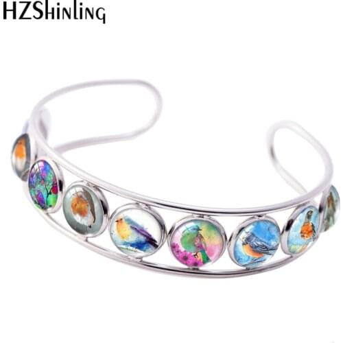 2020 New Little Robin Cuff Bracelet Bird Painting Bracelets Round Glass Dome Art Photo Jewelry Handmade