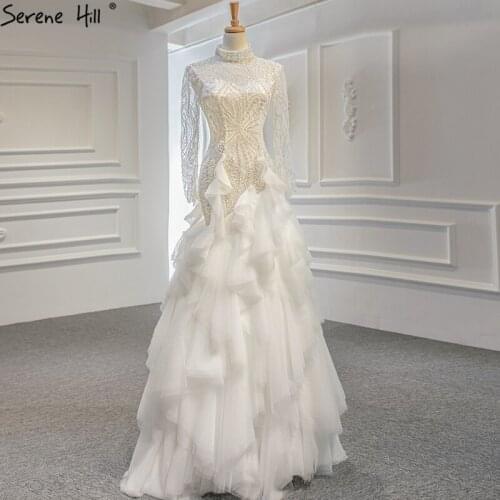 Ivory A-Line Long Sleeve Sexy Wedding Dresses High-end Beading Pearls Luxury Bride Gowns 2020 HM67115 Custom Made
