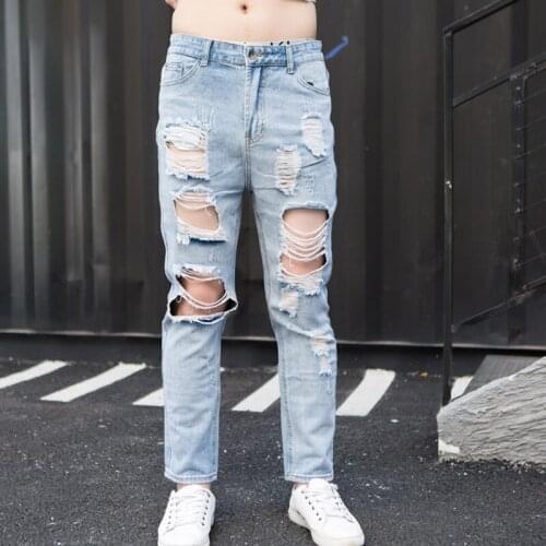 Autumn new hole nine points jeans mens big hole trousers spring and autumn country tide brand loose 9 points pants