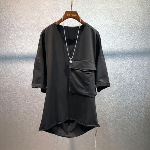 Trendy brand high street big pocket medium-length solid color tooling t-shirt male Korean version loose Harajuku style fashion a