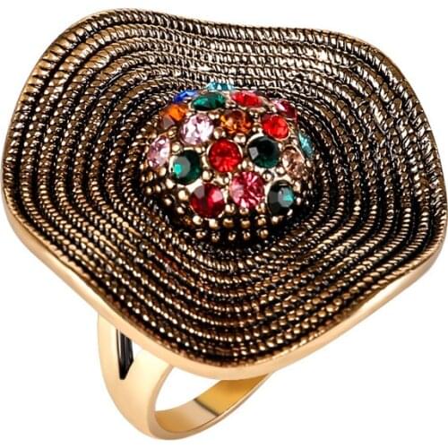 Hot New Exaggerated Statement Wave Antiqued Gold Color Rhinestone Beads Big Ring for Women Men Fashion Finger Rings Jewelry