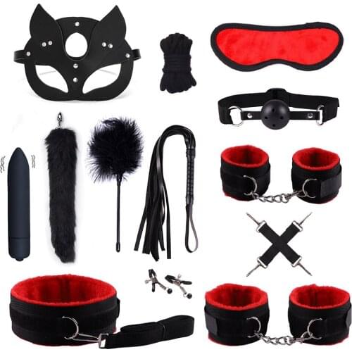 Exotic sex products leather bondage BDSM kit adult game handcuffs sex toys whip tail plug female sex products
