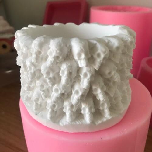 Halloween Skull Head Round Silicone Pot Molds for Pen Holder DIY Candle Tray Concrete Craft Planter Clay Mould