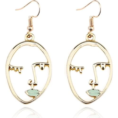 Fashion Abstract Face Earrings For Women Golden Exaggerated Openwork Metal Texture Facial Contour Color Lips Earrings Jewelry