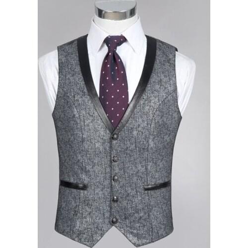 Slim Fit Mens Genuine Vest Gray Print Casual Business Suit Sheepskin Real Leather Waistcoat Tops High Quality