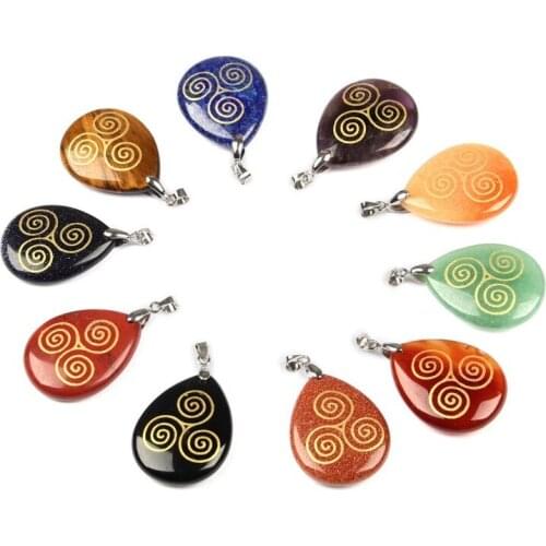 Natural Gem Amethyst Obsidian Carved Triple Helix Doctrine Symbols Water Droplets Pendant Alphabet Beads Jewelry Necklace Making