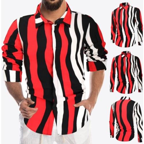 Spring and Autumn Mens New Printed Long Sleeve Shirt Casual All-match 3D Striped Top T-shirt