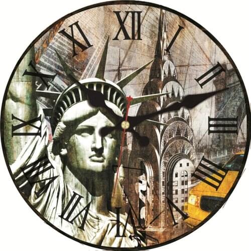 New York City Vintage Large Clock USA Flag Non -Ticking Silent Round Wall Clock USA Chrysler Building Shabby Clock Retro Clocks