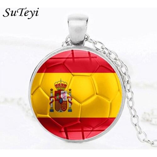 SUTEYI Fashion Football Print Glass Pendant Necklace Spain Poland Germany France Portugal Serbia Russia England National Flag