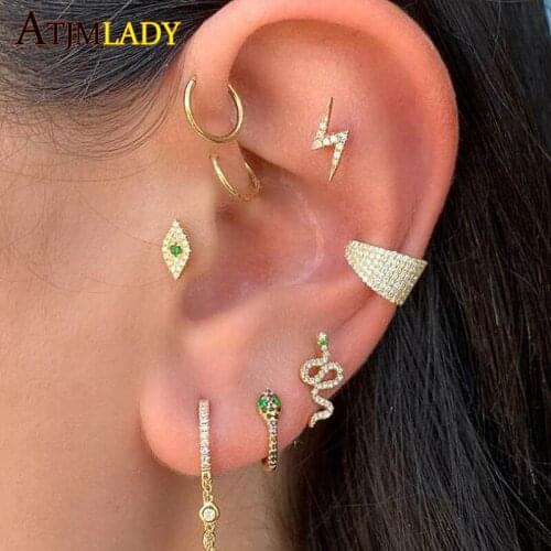 Real 100% 925 sterling silver Snake animal stud Earrings For Women white green cz paved dainty Earrings Fashion Jewelry Gift
