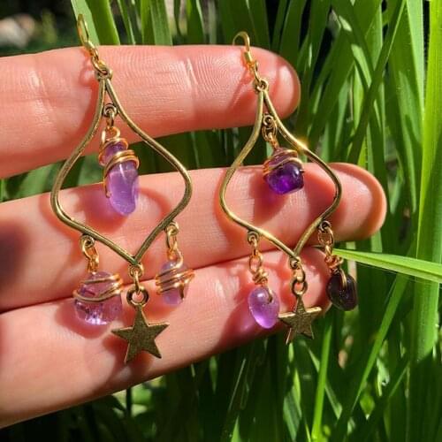 Handmade Celestial Amethyst Star Earrings, Hypoallergenic,Boho Jewelry Earrings