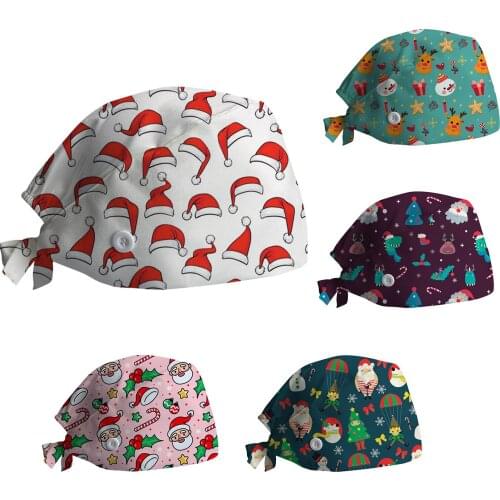 1PCS Nurse Hat Pure Cotton Baotou Caps Buckle Sweat-Absorbent Towel Christmas Printing Fashionable Adjustable Cap Fast Shipping