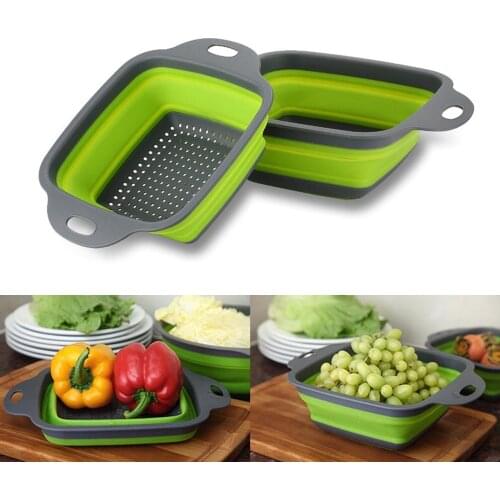 Foldable Fruit Vegetable Washing Basket Strainer Portabl Silicone Colander Collapsible SquareDrainer With Handle Kitchen Tools