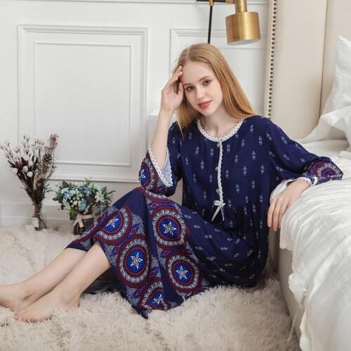Spring Autumn Lady Nine Minute Sleeve Combed Cotton Long Loose Princess Nightgown Sleepwear Front Button Casual Nightdress