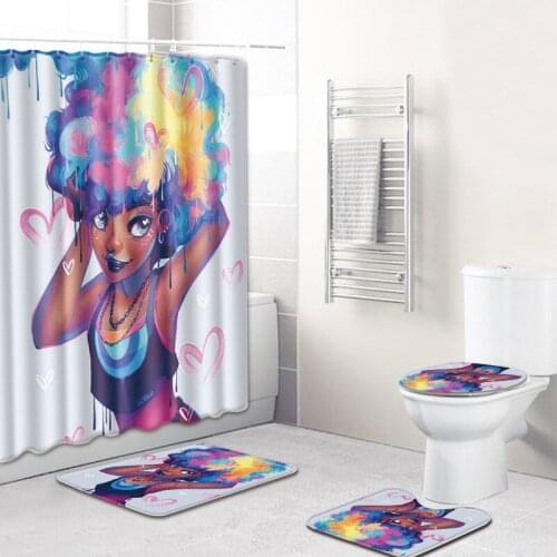 WUJIE African Womens Bath Mat Home Textile Three-piece Bathroom Mat Set 4pcs Toilet Seat Cover Carpet Doormats Shower Curtain