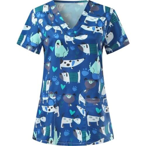 Women Blouse Nursing Working Uniform Cotton Soft Harajuku Casual Short Sleeve V-neck Cartoon Pattern Femme Tops Shirts Femme