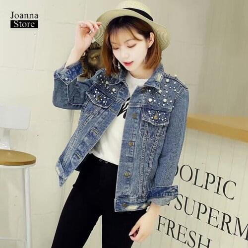 Pearls denim jacket women 4XL plus size jeans jackets hole harajuku bomber jackets women vintage elegant ladies spring hot coats