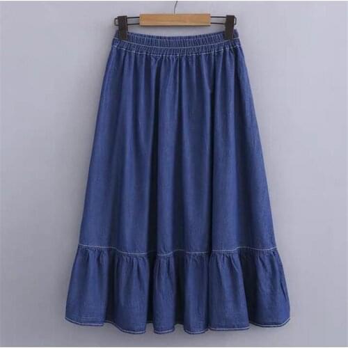 Plus Size Women Denim Skirts M-7XL High Elastic Waist Pocket Solid Casual Skirts Loose Ruffled Pleated Long Skirt