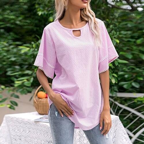 2021 New Women T-Shirt Hollow Design Round Neck Lace Stitching Trumpet Sleeve Casual Female Tops Solid Color