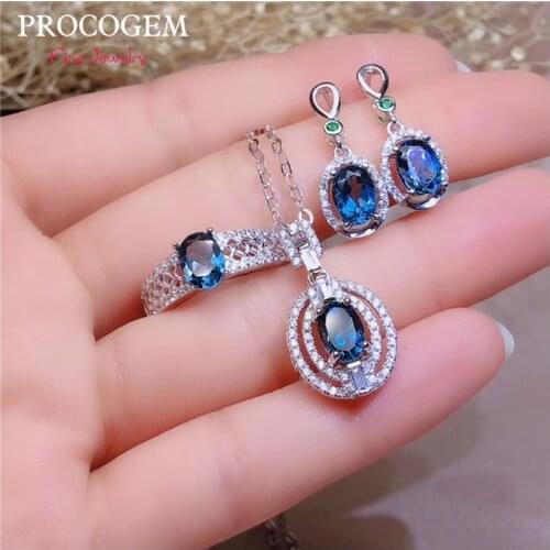Trendy Natural Blue Topza Jewelry sets for women Party Genuine Gemstones with CZ Necklace Ring Earrings 925 Sterling silver #563
