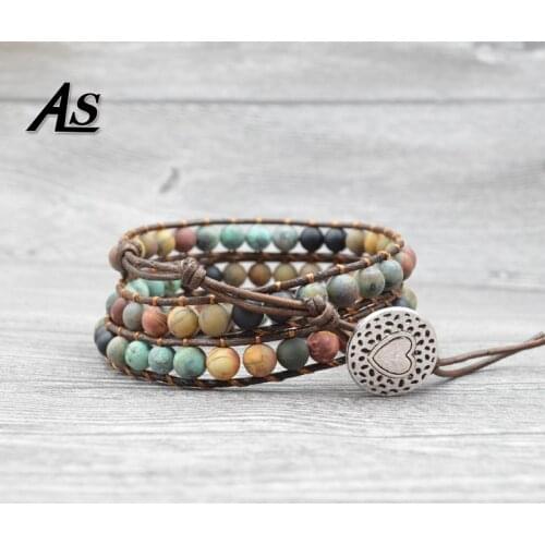 Asingeloo Unique Mixed matte Natural Stones Stone Charm 3 Strands Wrap Bracelets Hangles Handmade Boho Women Leather Bracelet
