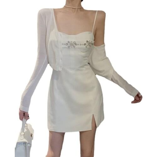 Women Summer Sexy 2 Piece Skirt Set Blingbling Rhinestones Slim Mini Dress&Short Thin Cardigan Shirt Black White Two Piece Suits