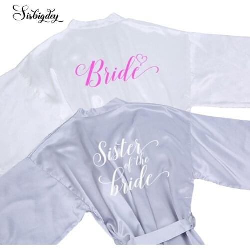 Sisbigdey silver grey robe white writing bride satin robe bridesmaid bridal party getting married wedding robes drop shipping