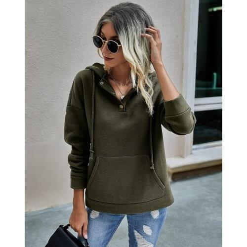 2020 Sweatshirt Ladies Casual Hooded Drawstring Button Long Sleeve Hoodie Pullover Fall Fashion Ladies Pocket Sweatshirt Top