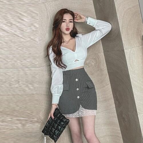 Women 2 Pieces Set Temperament Lace Blouse Shirt and Elegant Chic Single-Breasted Straps Mermaid Skirts Lady Party Suit
