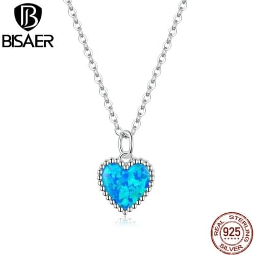 BISAER Deep Blue Heart Necklace 925 Sterling Silver Blue Opal Love holding Necklace Pendant Women Oxidized Silver Jewelry ECN413