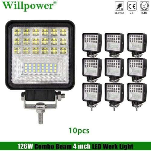 10pcs Offroad Car 126W 4" Headlight Tractor Loader Forklift LED Work Light Pickup SUV 4x4 Truck 4WD Combo Driving Fog Lamp