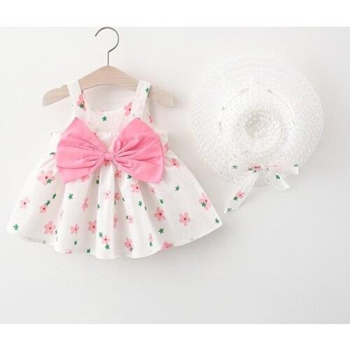 2Pcs/Set Baby Girls Dress +Hat Toddler Kids Clothes Set Cotton Childrens Dress Summer Print Floral Girls Newborn Dress