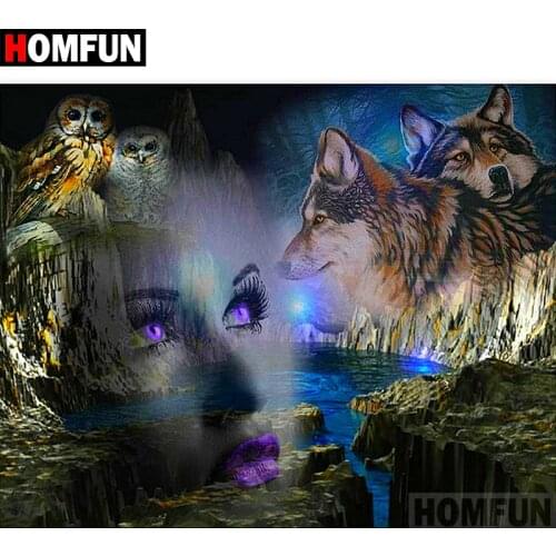 HOMFUN 5D DIY Full Diamond Embroidery "Woman wolf" Diamond Painting Cross Stitch Rhinestone Home Decoration A07606