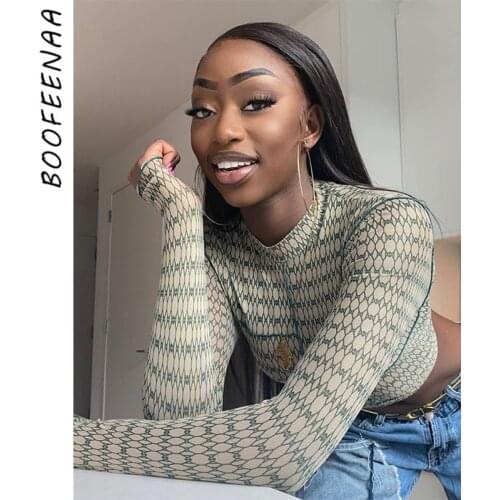 BOOFEENAA Cool Printed Sheer Mesh Long Sleeve Crop Top Y2k Aesthetic Woman Tshirts Cute Sexy Slim Fit Graphic T Shirts C85-AE10