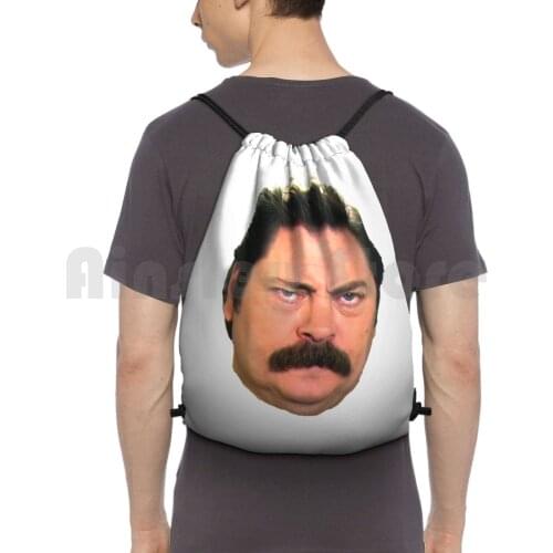 Ron Face Backpack Drawstring Bags Gym Bag Waterproof Ron Swanson Nick Offerman Parks And Rec Funny Very Good Silver