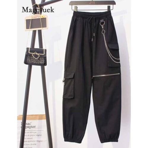 Black High Waist Zipper Casual Cargo Pants Mujer Pantalones Women Capri Elastic Strap with Chain Harem Pants for Women 10652