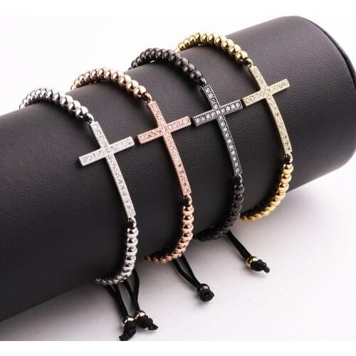 Jaravvi High Quality CZ Micro Pave Cross Stainless Steel Beads Handmade Cord Macrame Friendship Bracelet Men Women Jewelry Gift